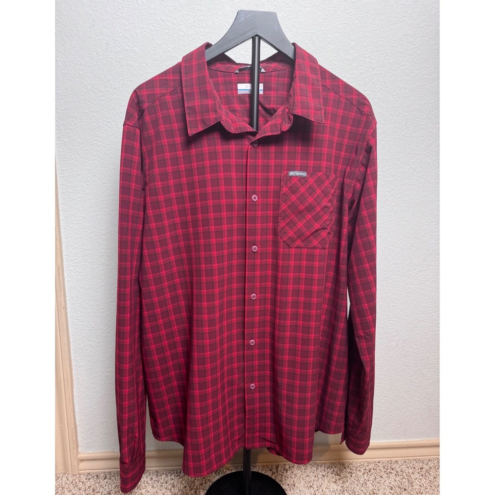 Columbia Mens XL Red Black Plaid Long Sleeve Button Down Shirt Stretch Dri-Fit